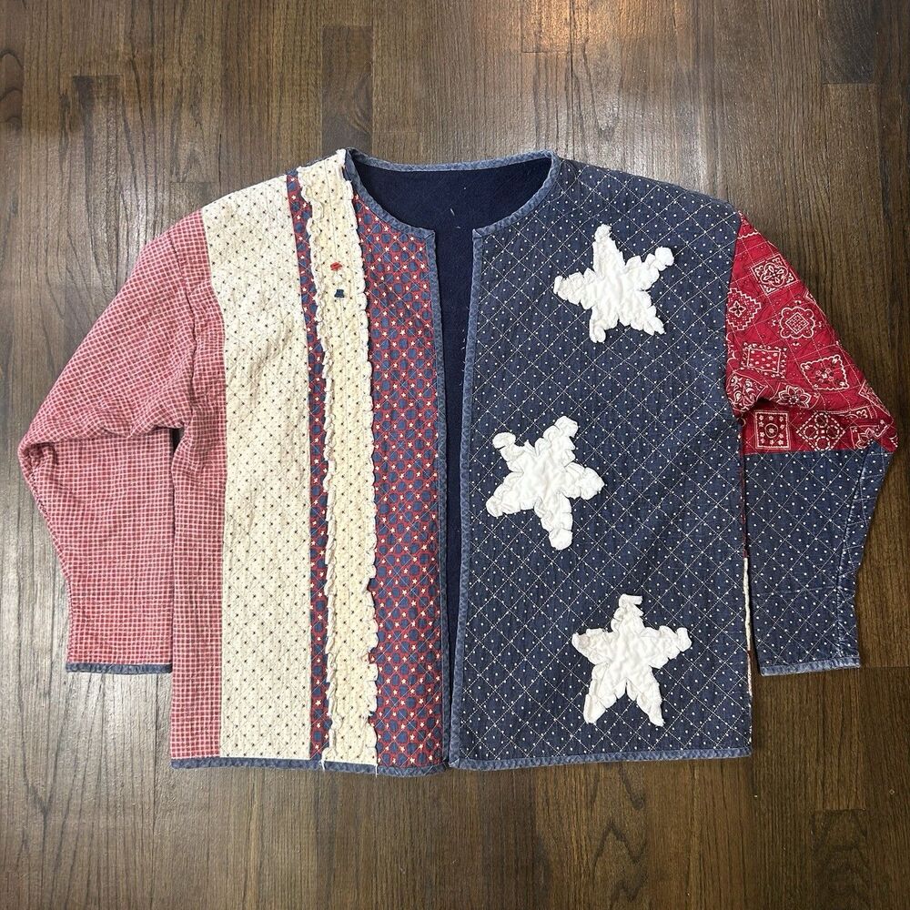 Vintage Patchwork Jacket Womens Quilted USA Flag Patriotic Handmade
